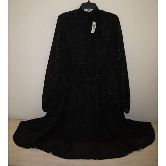 Torrid Women's Plus Sz 3 (3X) Deep Black Mini Clip Dot Blouson Sleeve Dress $86 - Picture 3 of 16